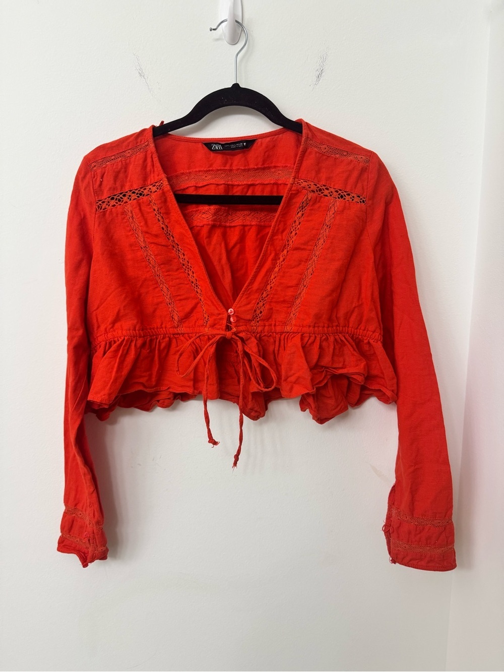 Zara Cropped Tie-Front Peasant Top